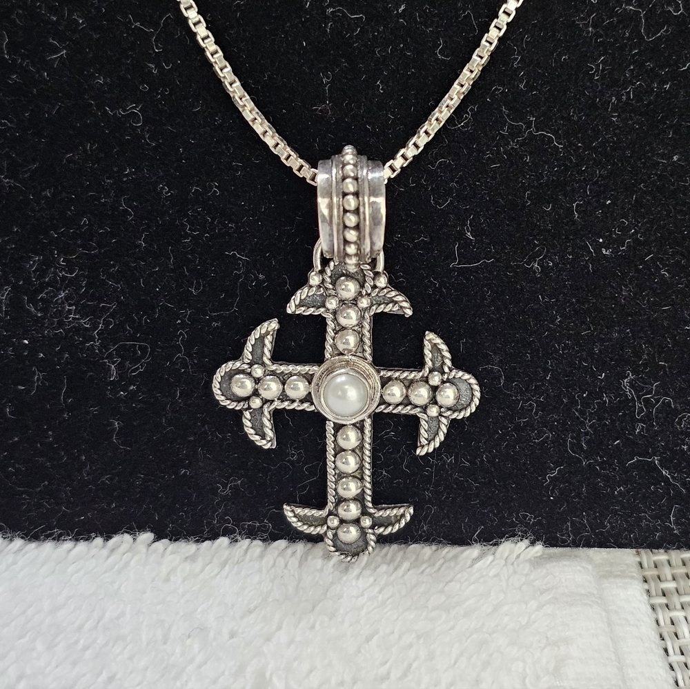 BA Indonesia 925 Silver Cross Necklace With White Pearl - Picture 6 of 11